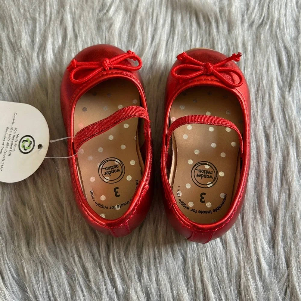 Wonder Nation Bow Ballet Shoes Baby Girls Size 3 Red Mary‎ Jane Slip On NEW
